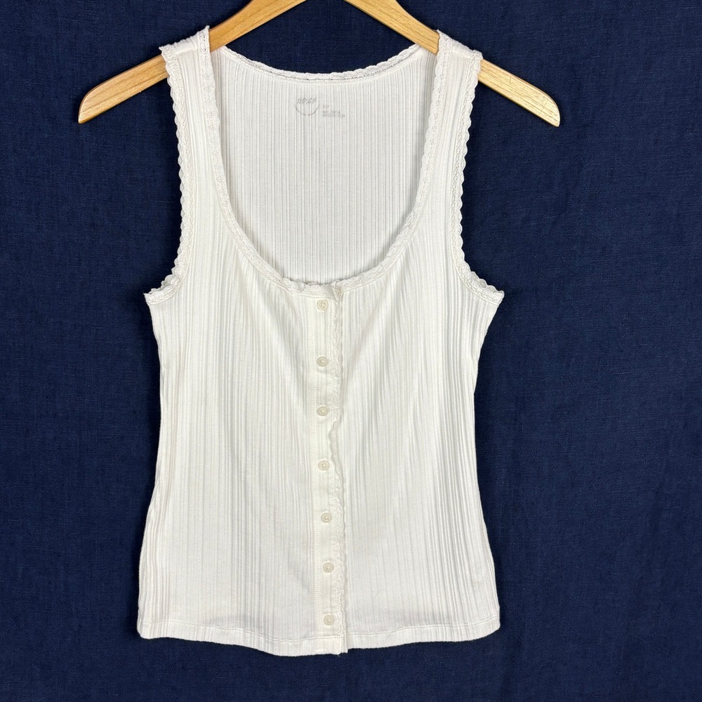 Aerie Ribbed Lace Trim Button Front Tank Top White S/P Y2K Comfort Layering